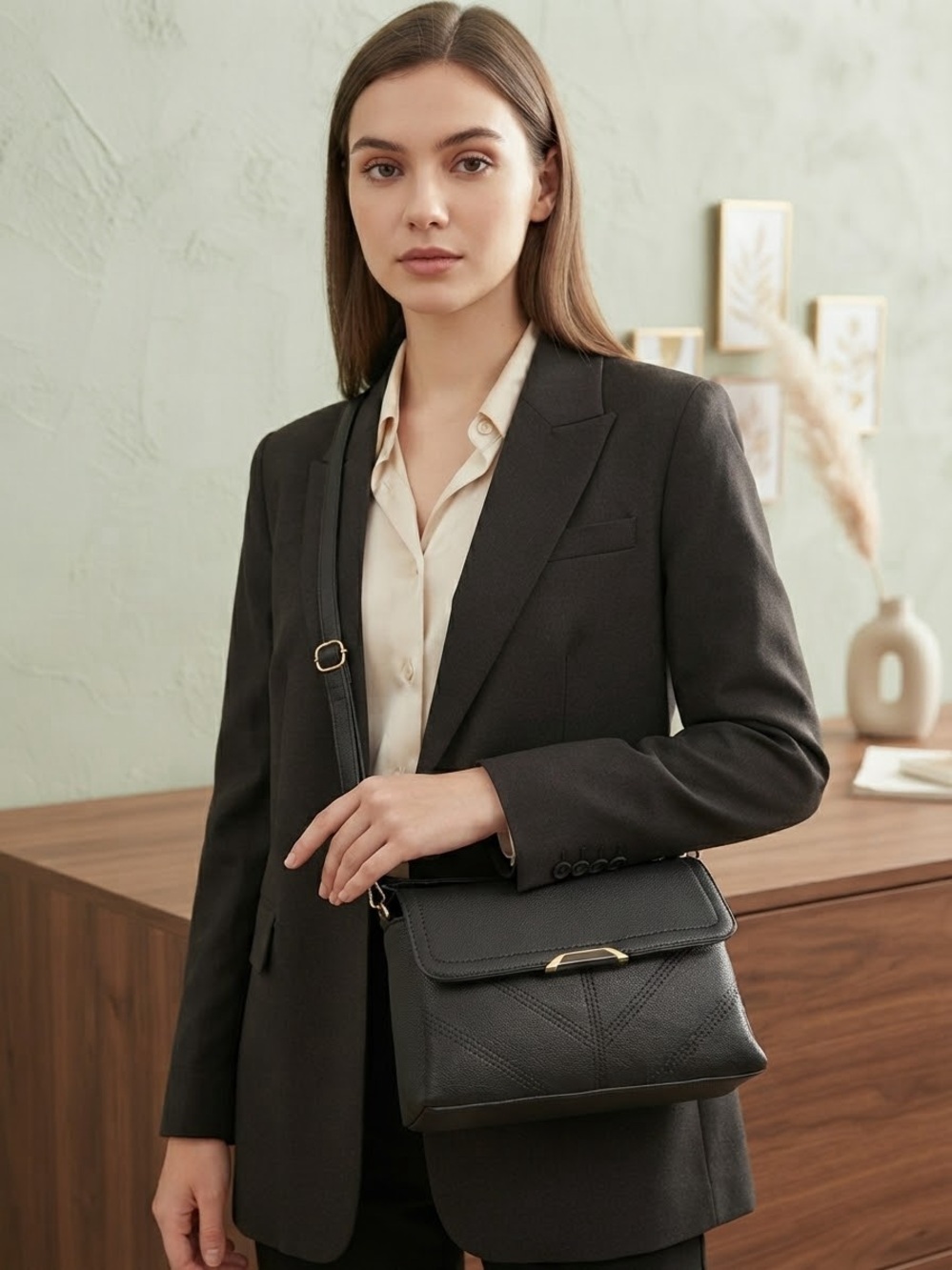 Structured Black Shoulder Bag with Gold Accent for Women